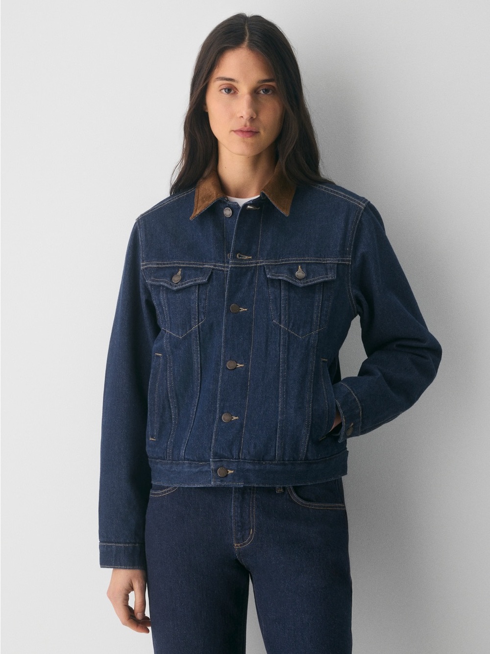 🆕 NWT Denim Forum Winona No Stress Indigo Jean Jacket with Brown Collar